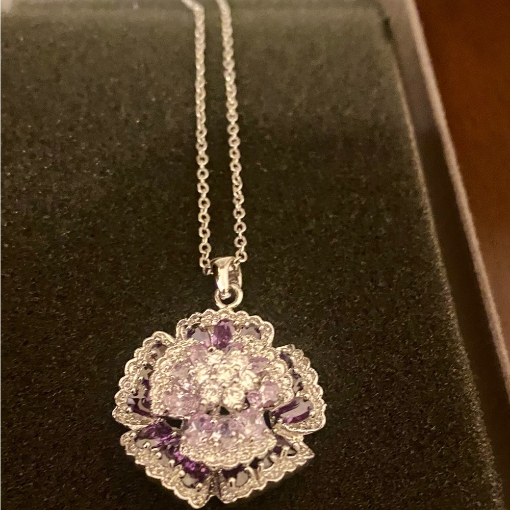 Nolan Miller Silver Tone Necklace With Purple And Clear Stones 20" Chain